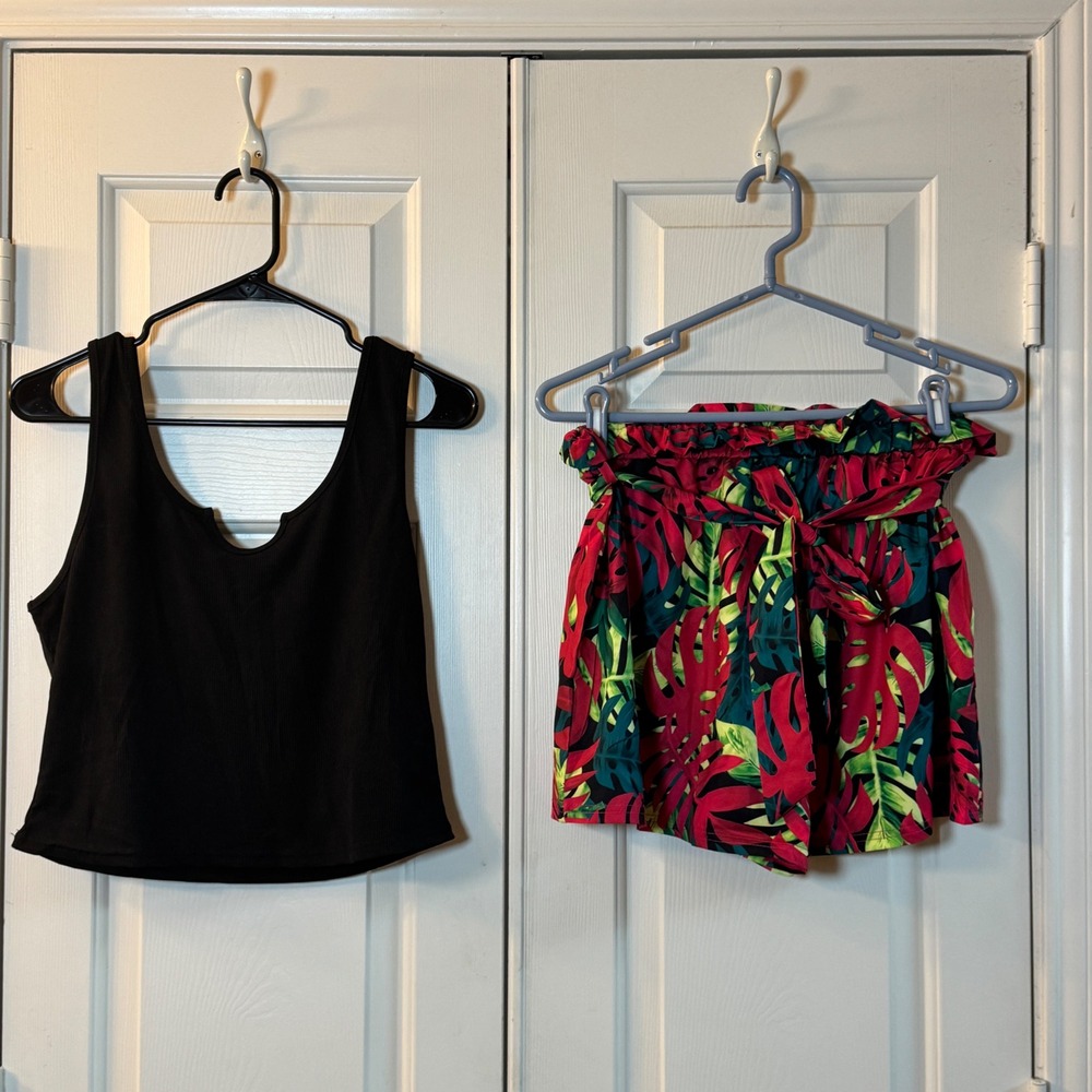 2pc Summer Set, Black Ribbed Tank Top with Pink & Green Tropical Shorts Size XL
